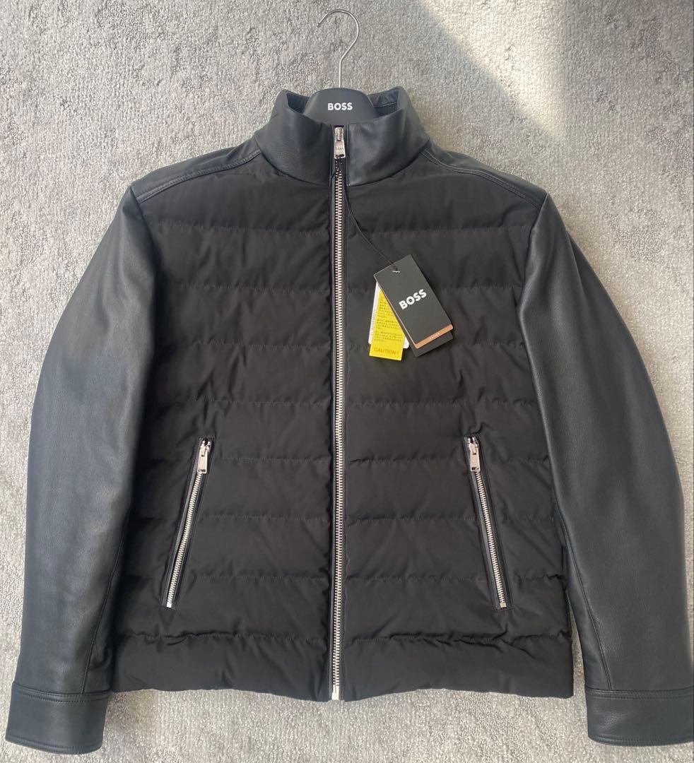 HUGO BOSSヒューゴボス リアルレザー切替ダウンジャケット ブラック48