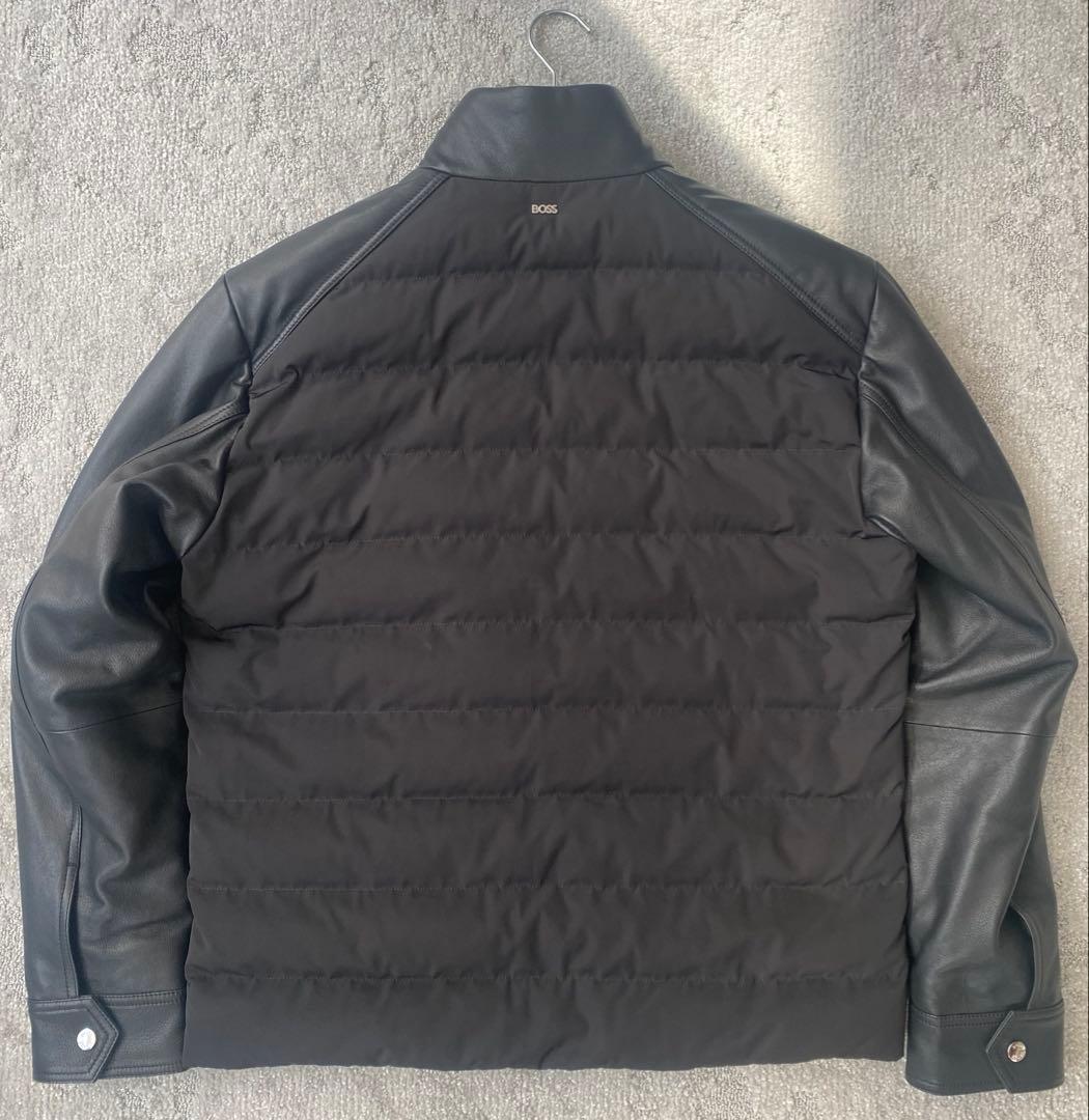 HUGO BOSSヒューゴボス リアルレザー切替ダウンジャケット ブラック48
