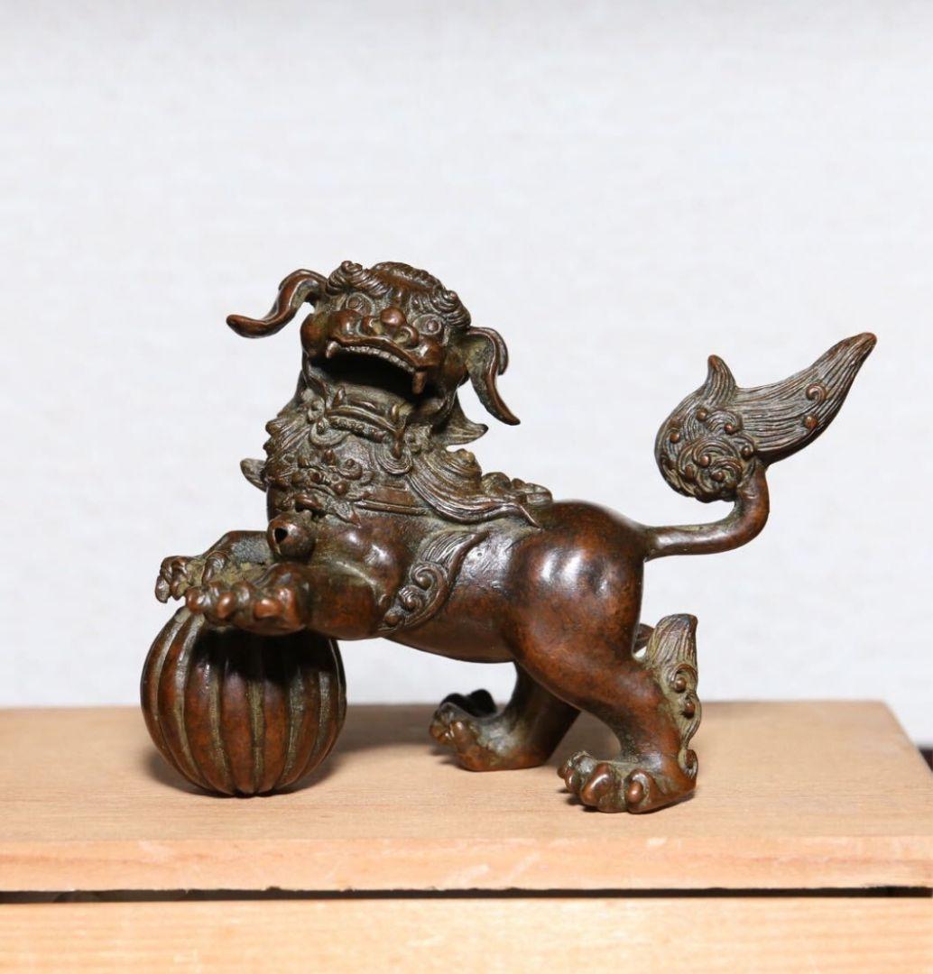 日本美術　龍文堂　安之介　古銅製　獅子香炉　木箱付き　時代物　古物　文房具