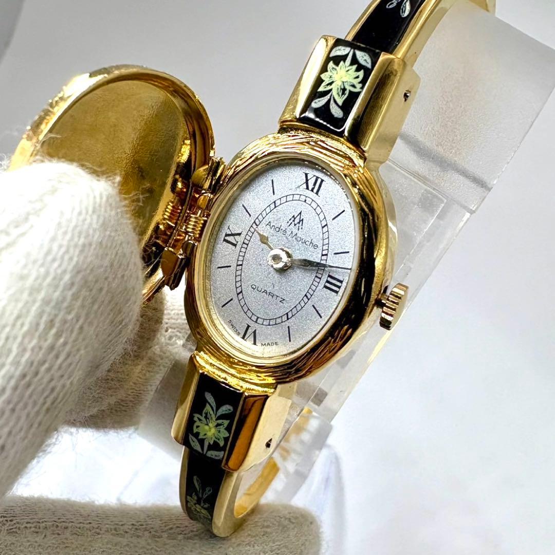 稼働品☆アンドレムッシュ バングルウォッチ クォーツ腕時計 スイス製 ネイビー
