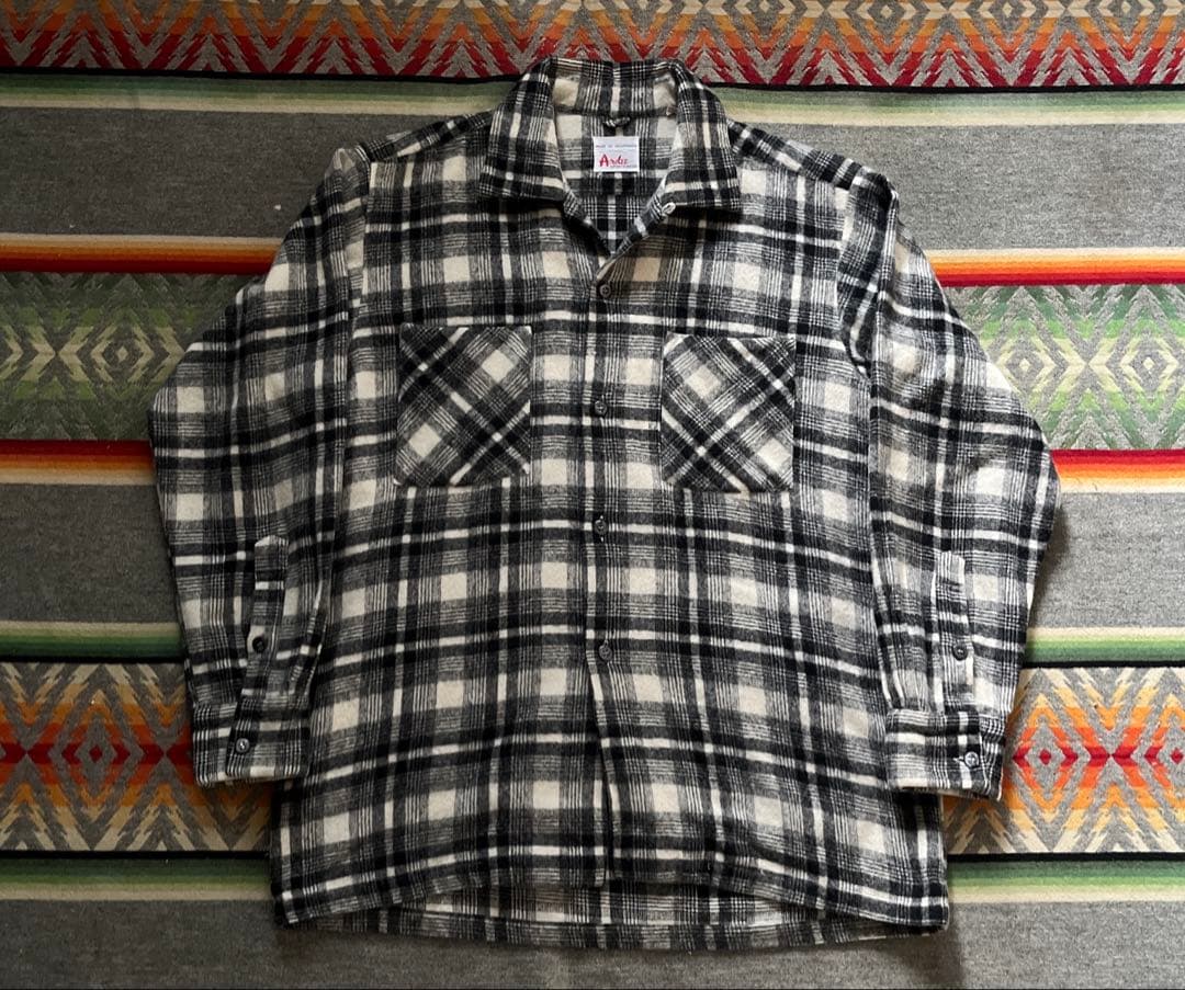 50s 60s Ardee ウールシャツ オープンカラー 白黒 検 オンブレ