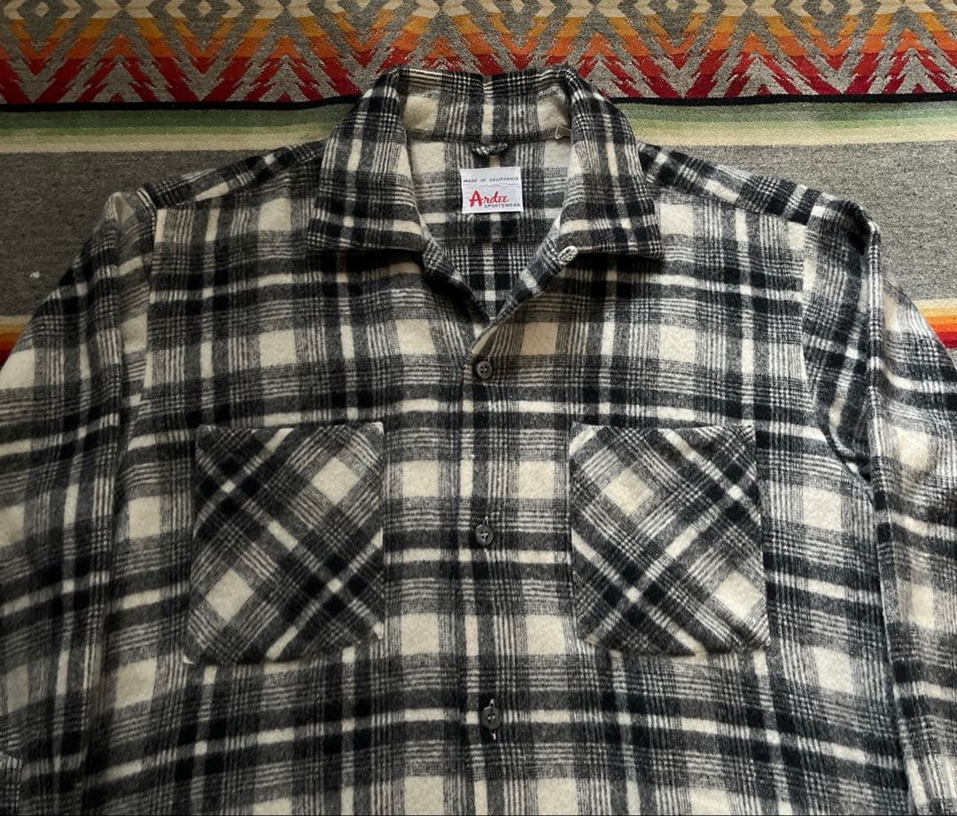 50s 60s Ardee ウールシャツ オープンカラー 白黒 検 オンブレ