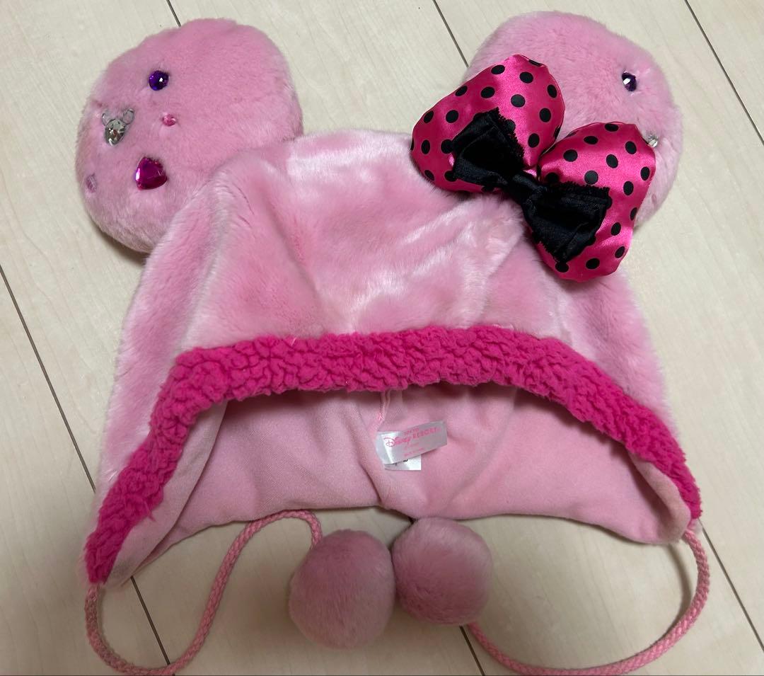 ディズニーファンキャップ　ミニー　ピンク耳付きフリース帽子
