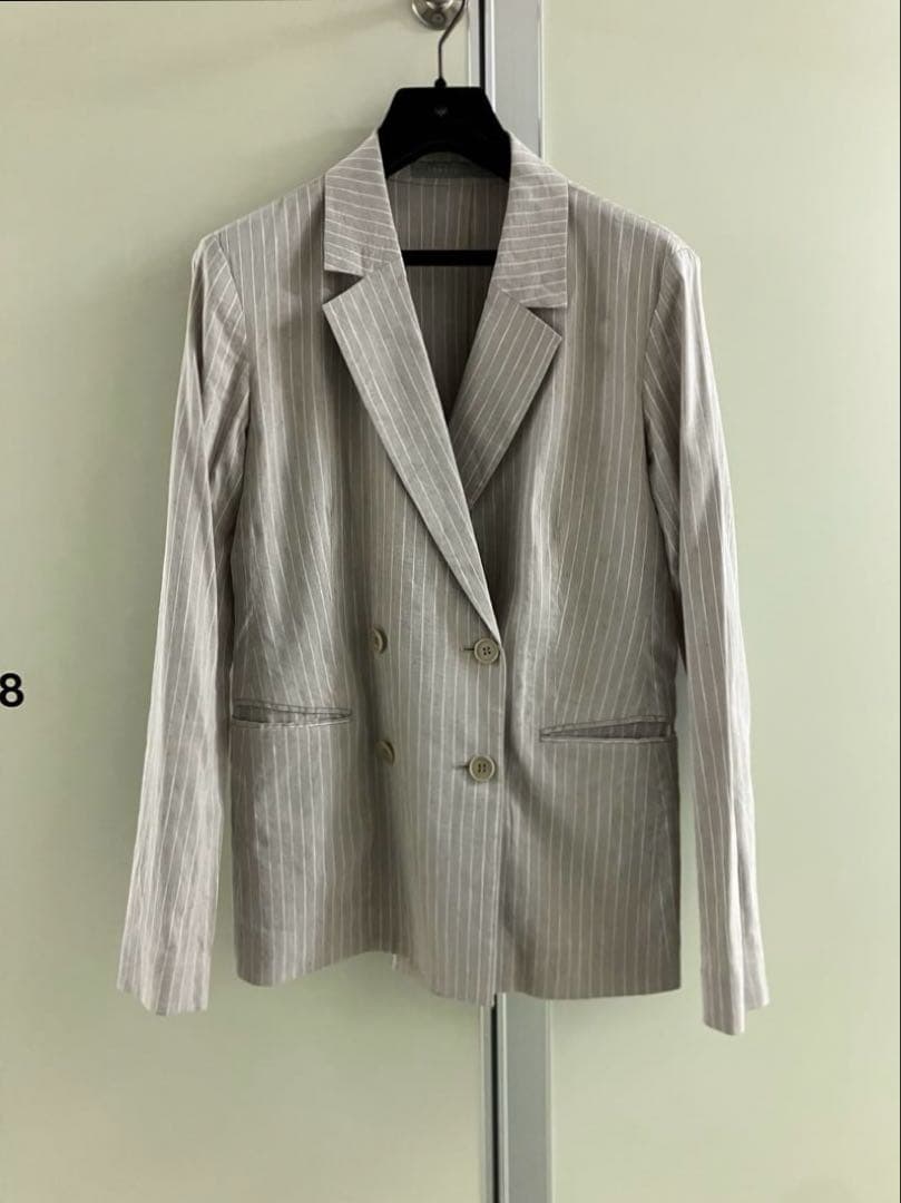 【theory luxe】グレージュ リネン ストライプ ダブル スーツ