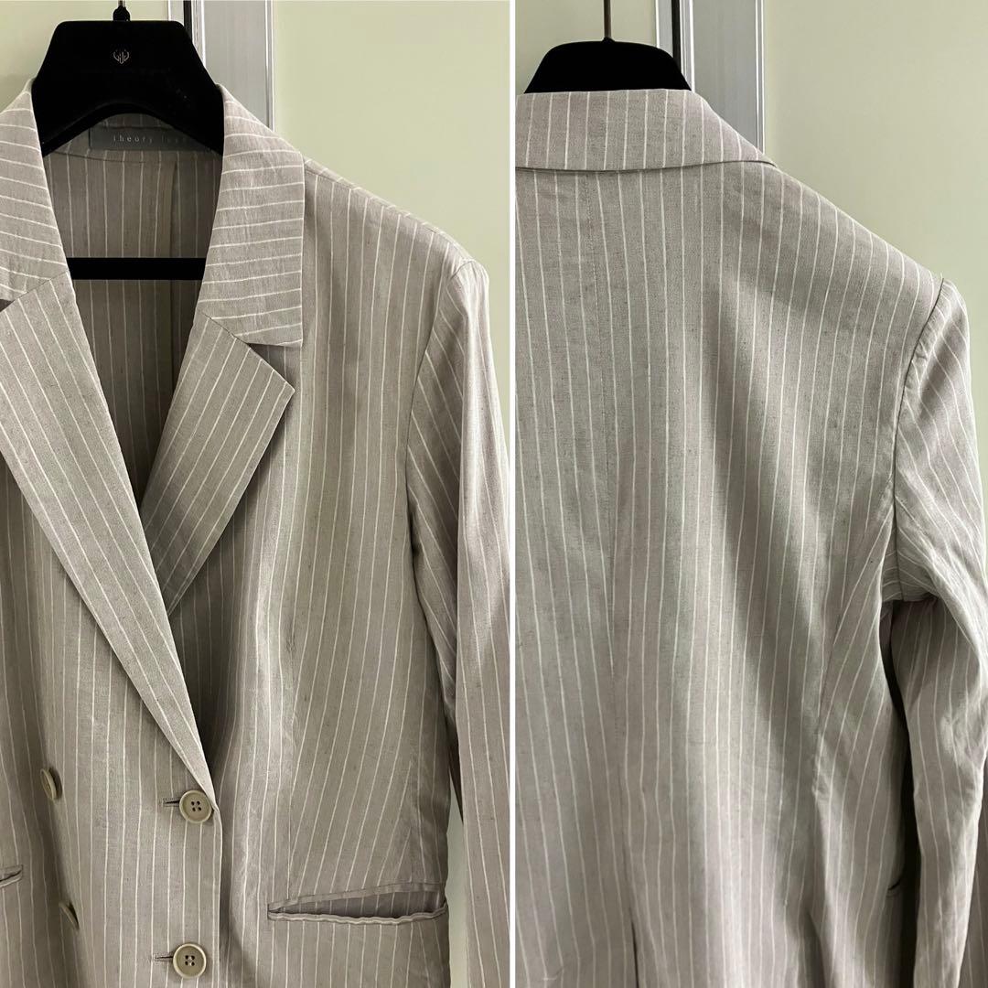 【theory luxe】グレージュ リネン ストライプ ダブル スーツ