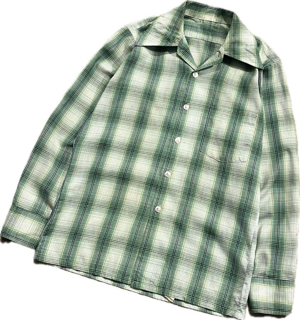 60~70's オンブレチェック オープンカラーシャツ ヴィンテージ
