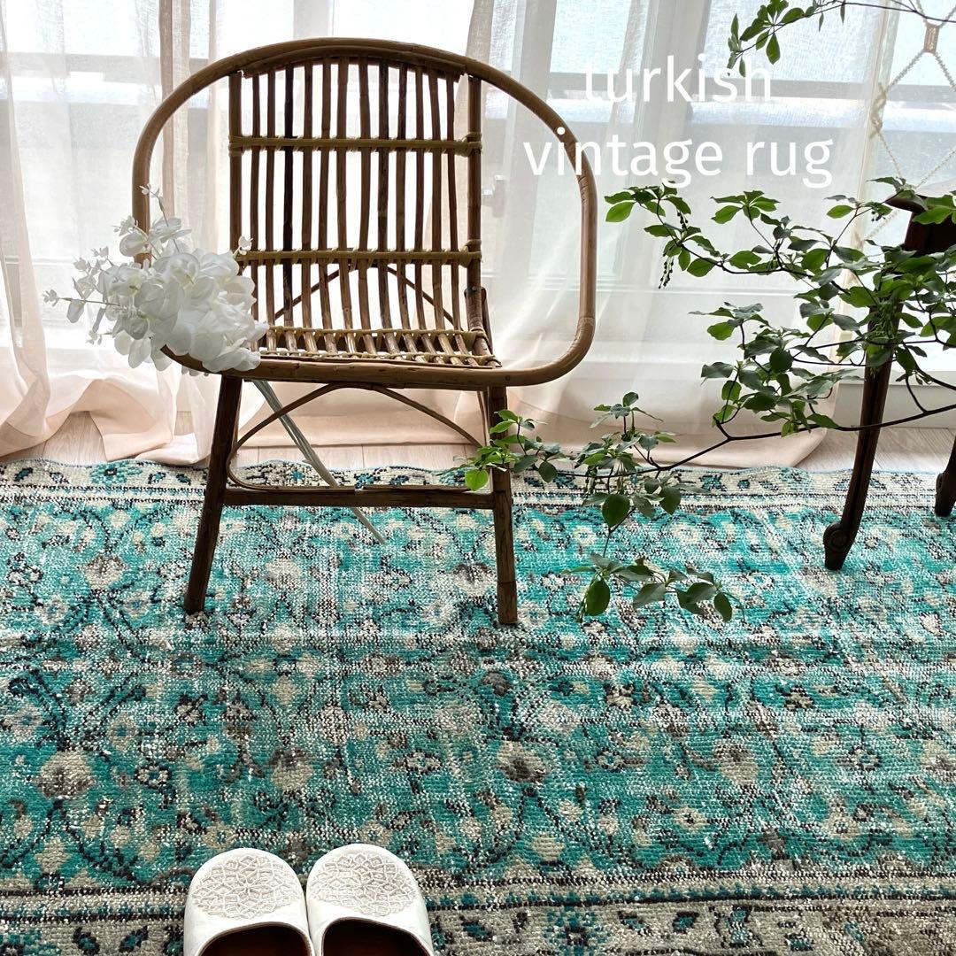 スカイブルー✳︎91×192✳︎ペールグレー　満載フラワー　トルコヴィンテージラグ