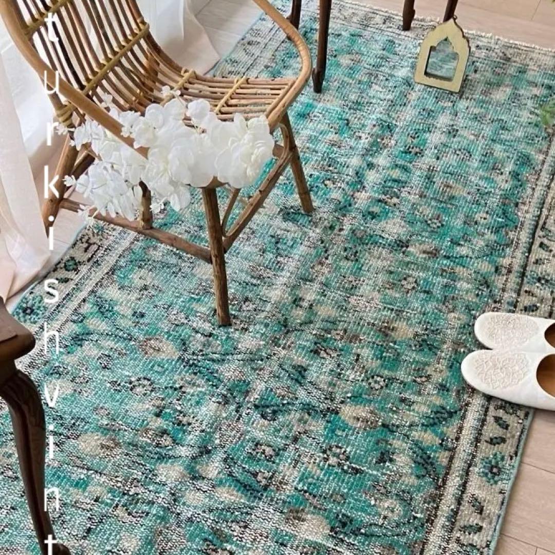 スカイブルー✳︎91×192✳︎ペールグレー　満載フラワー　トルコヴィンテージラグ