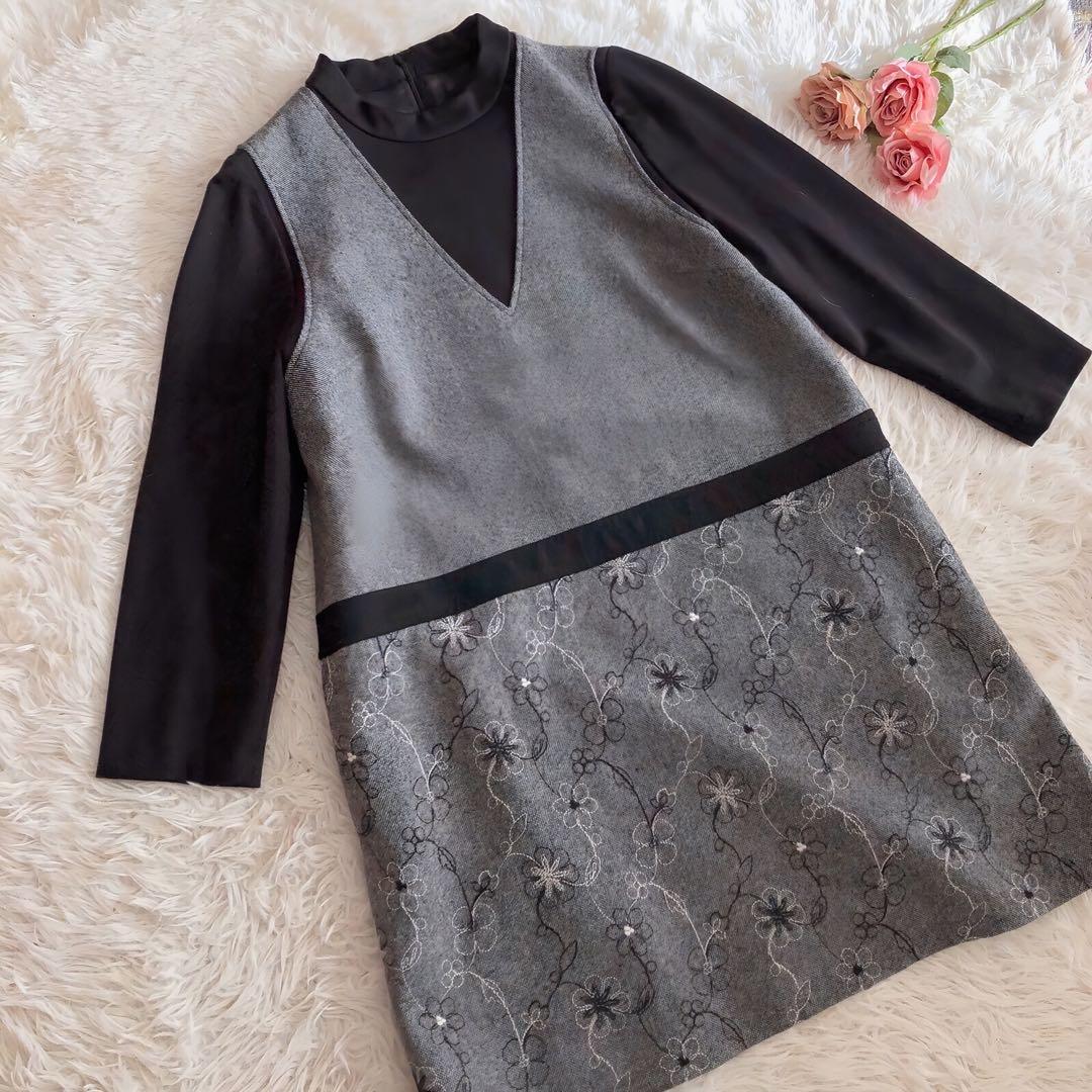 レリアン　レイヤード風　チュニック　ワンピース　現行　近年　ドッキング　刺繍