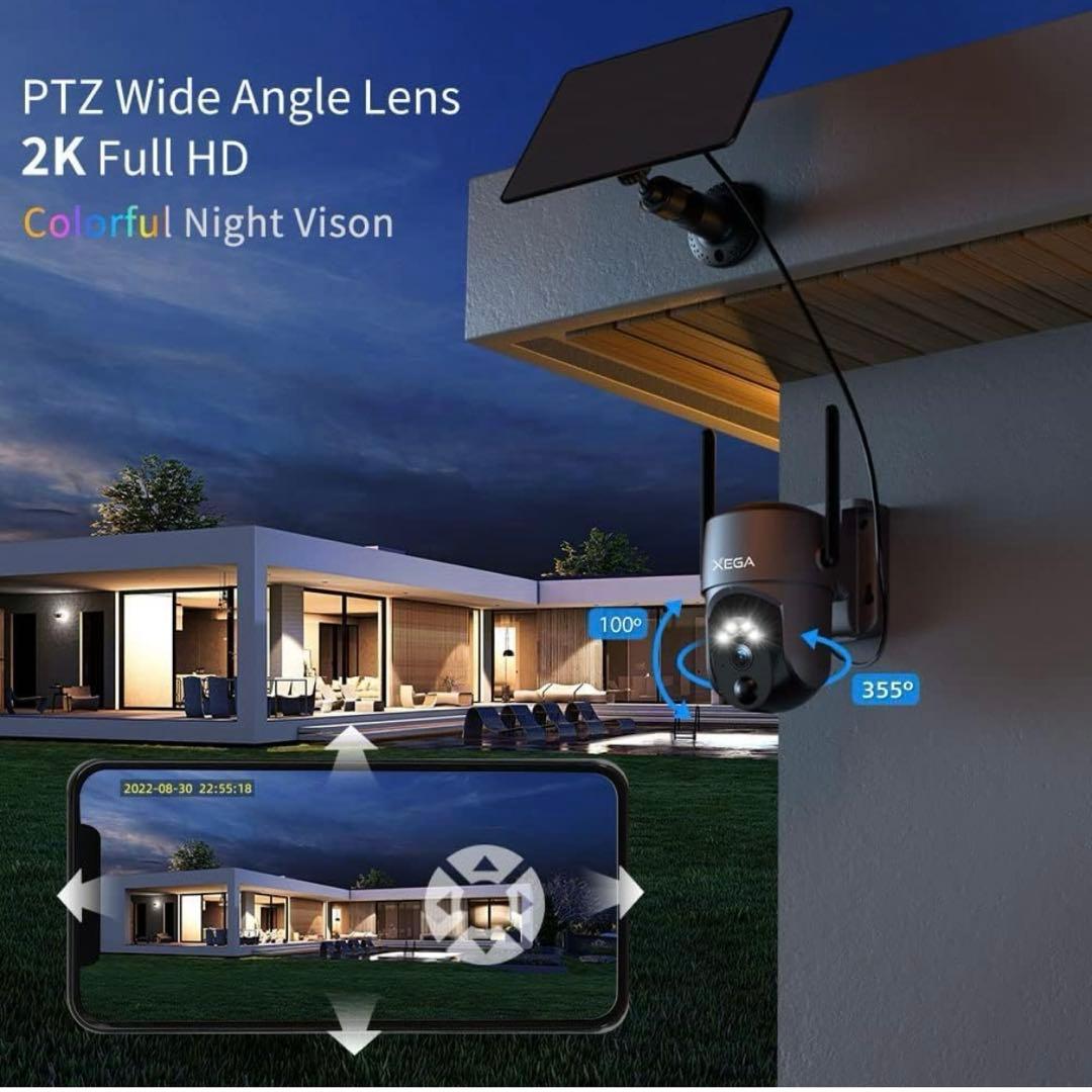 XEGA 防犯カメラ ソーラーパネル 黒 360°防犯カメラ 1台