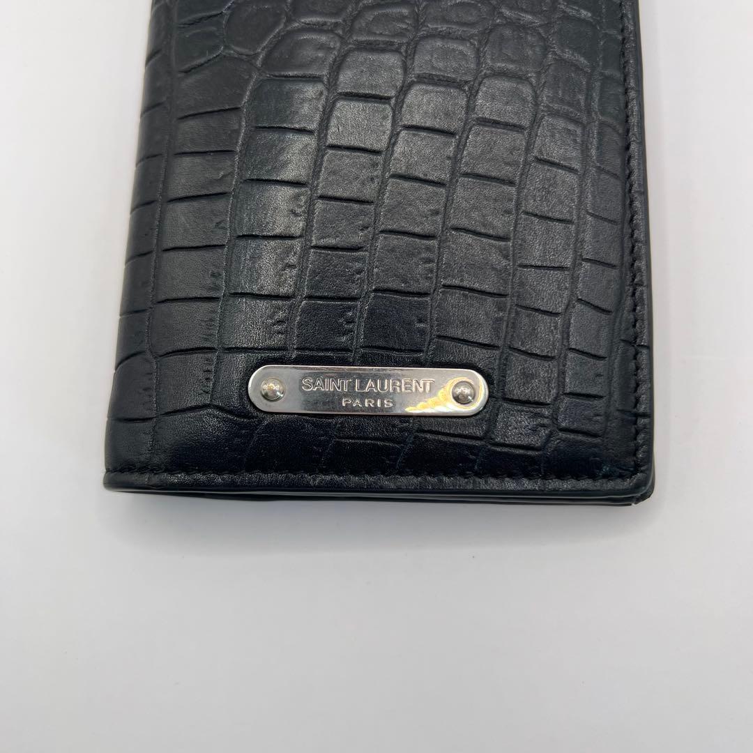 saint laurent 長財布　ブラック　クロコ　プレート　型押し　エンボス