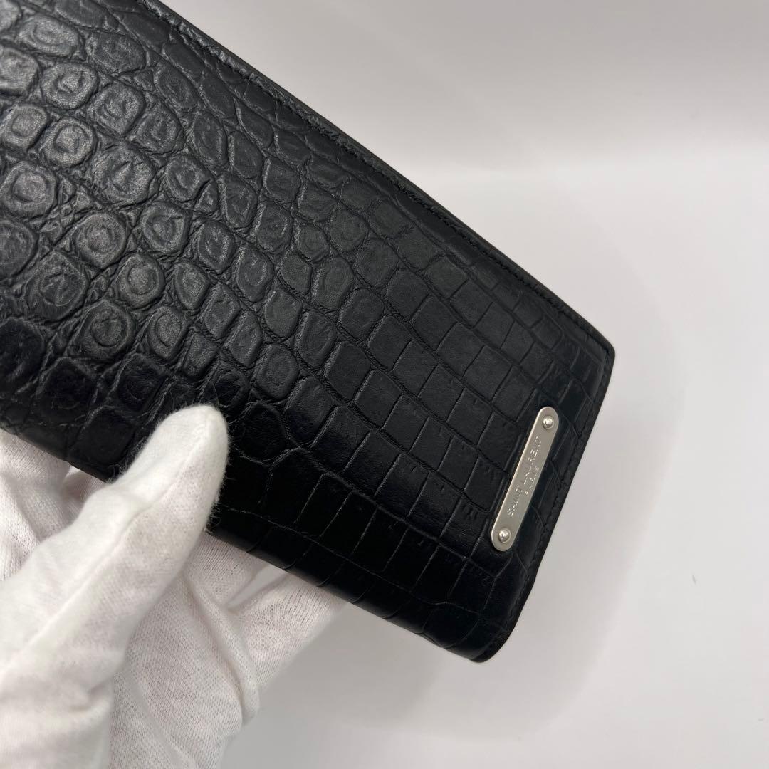 saint laurent 長財布　ブラック　クロコ　プレート　型押し　エンボス