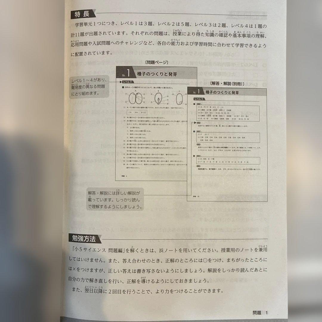浜学園　サイエンス 5年生　理科　要点のまとめ　問題編　解答編　2024