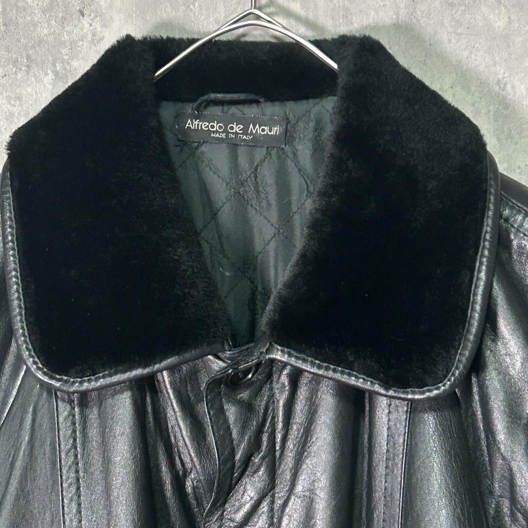 イタリア製 ヴィンテージ レザージャケット ボア襟 黒 本革 肩パッドなし