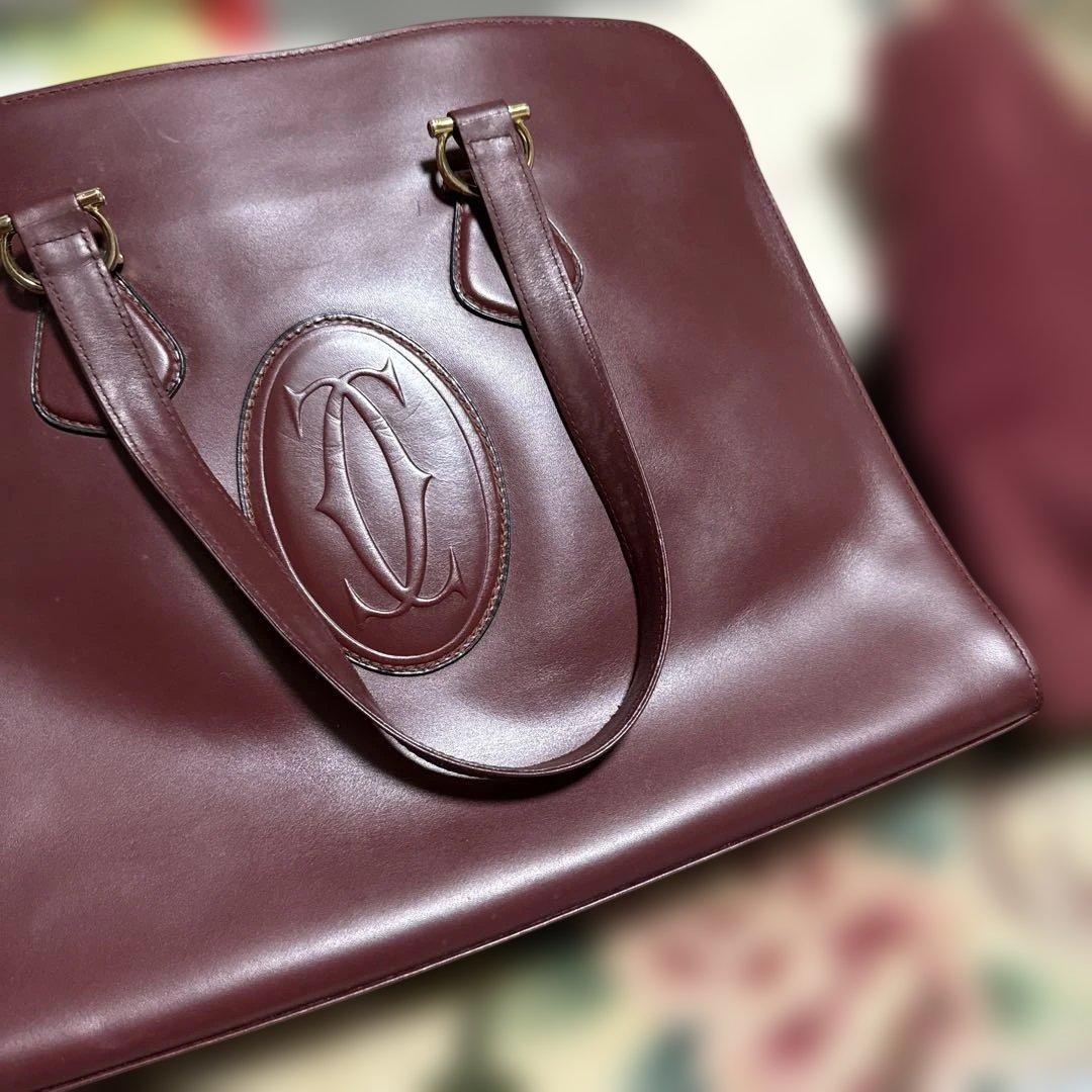 美品 カルティエ トートバッグ ボルドー A4可 ゴールド金具