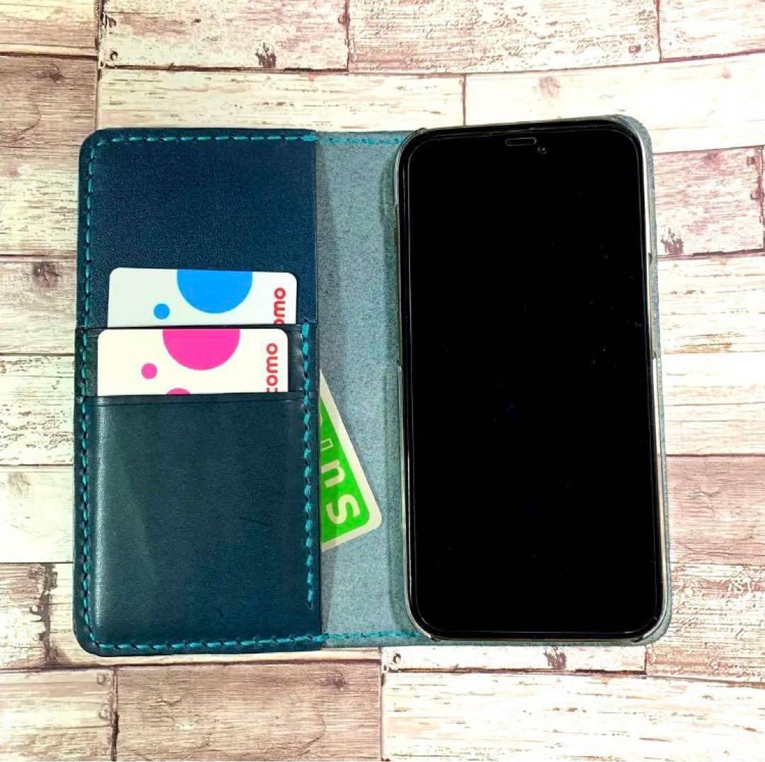 栃木レザー　ネイビー　iPhoneケース　スマホケース　本革　手帳型　ポケット付