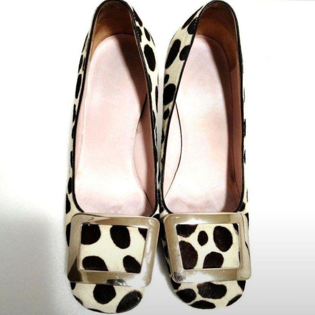 ♯374 希少CELINEハラコダルメシアン柄パンプス ヒール スクエア金具ロゴ