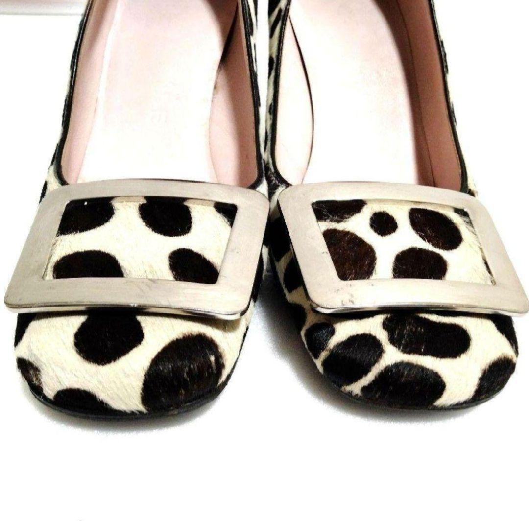 ♯374 希少CELINEハラコダルメシアン柄パンプス ヒール スクエア金具ロゴ