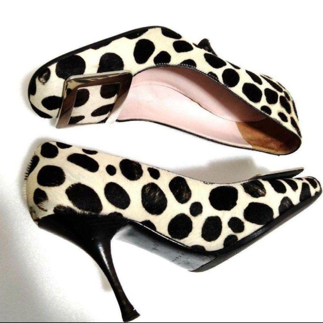 ♯374 希少CELINEハラコダルメシアン柄パンプス ヒール スクエア金具ロゴ