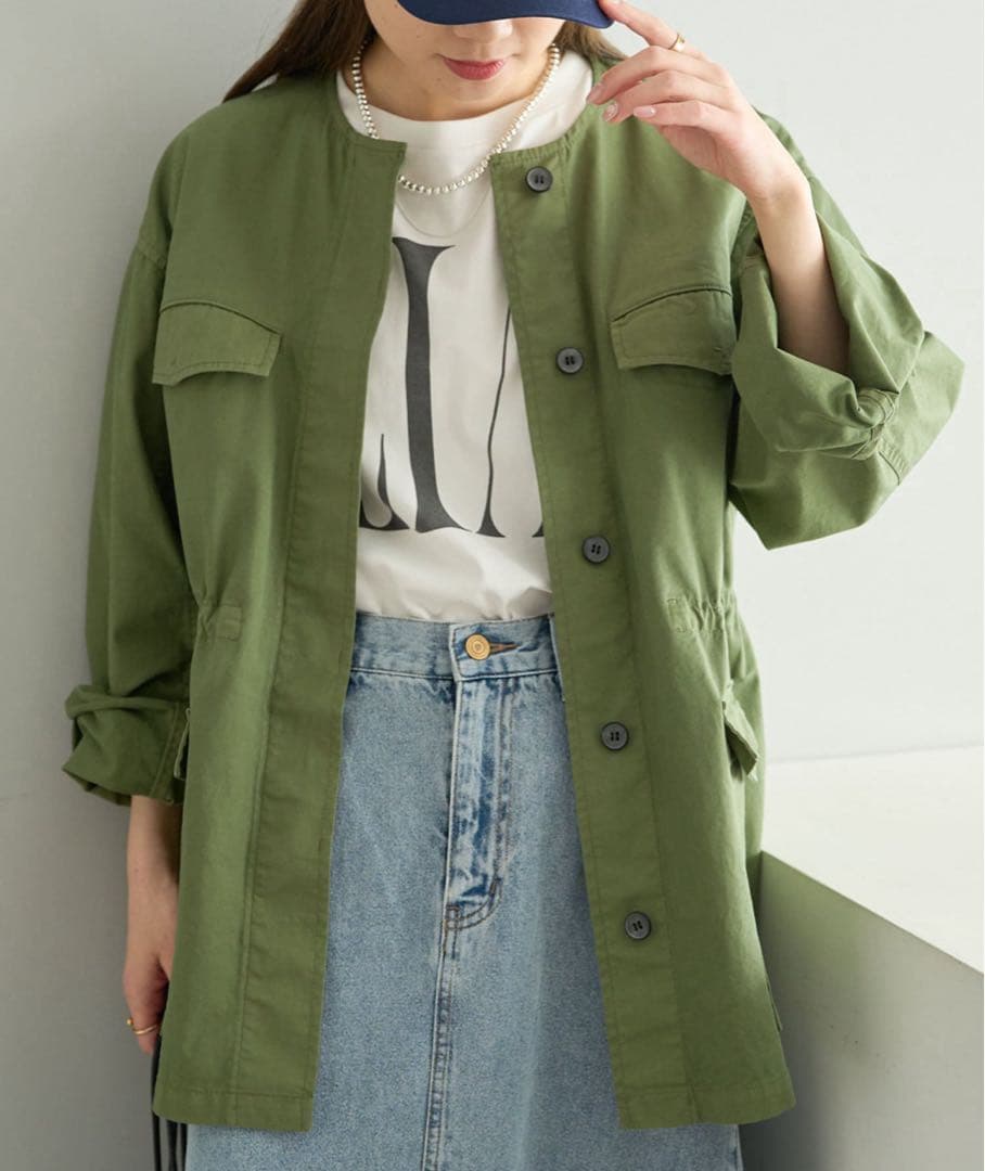 美品 ピュアルセシン ノーカラーミリタリーブルゾン フリー カーキ pual