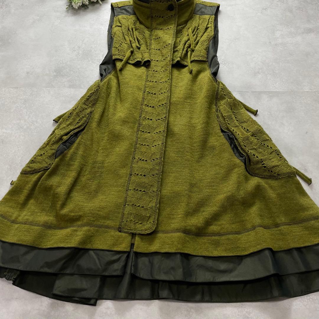 お洒落✨エイココンドウ ロングワンピース ロングジレ グリーン ニット 異素材