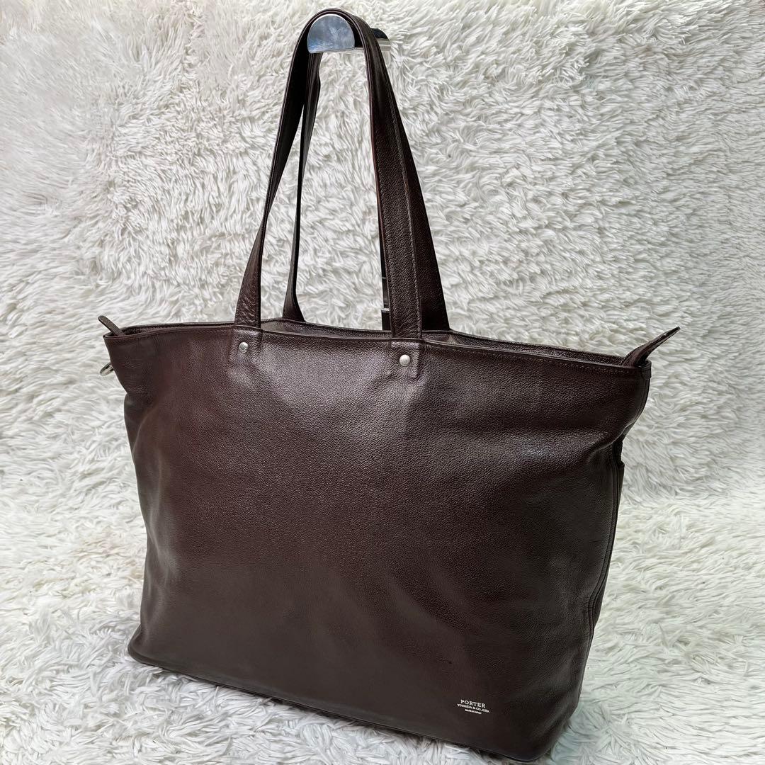 良品✨ポーター リンク メンズ レザー トートバッグ 大容量　A4収納 ブラウン