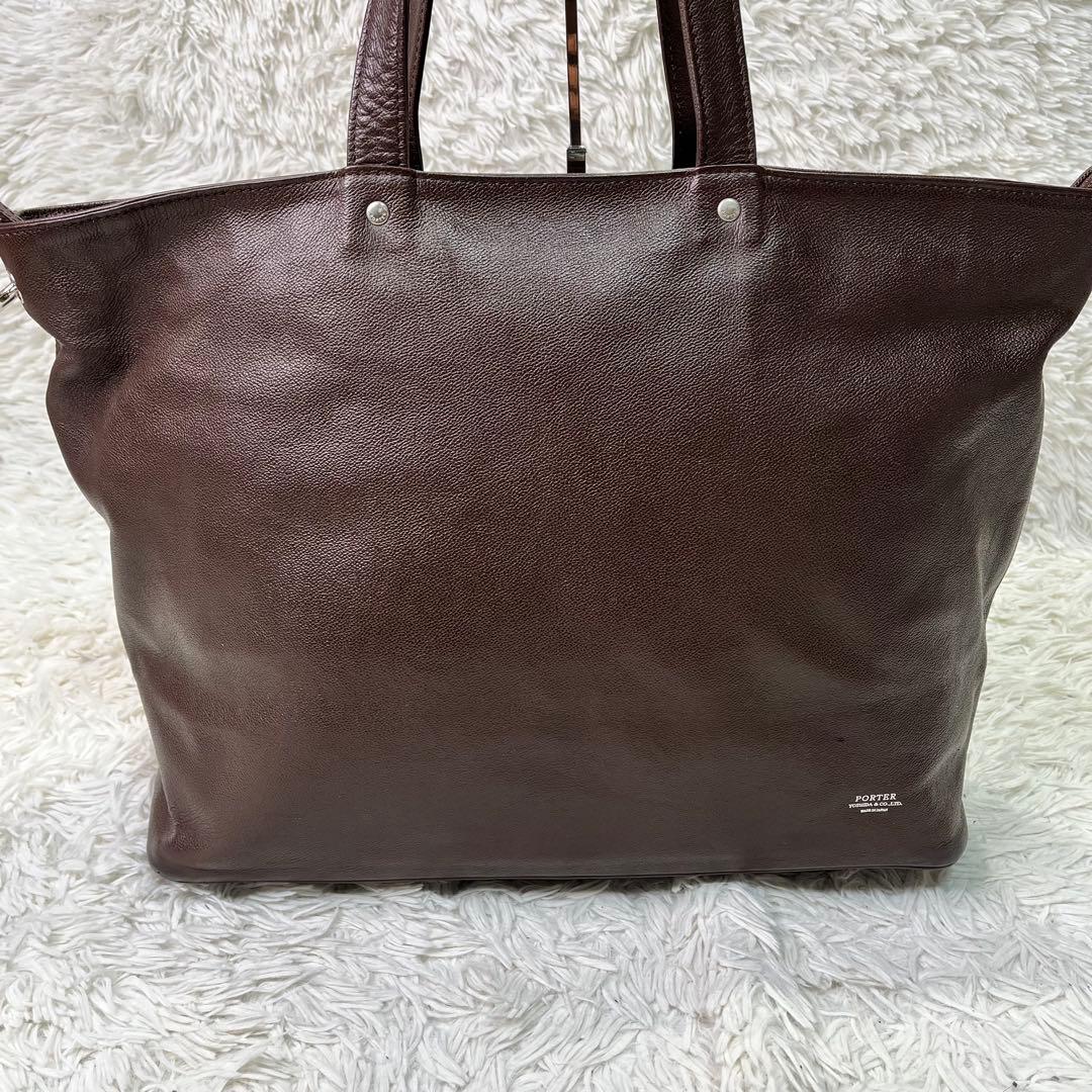 良品✨ポーター リンク メンズ レザー トートバッグ 大容量　A4収納 ブラウン