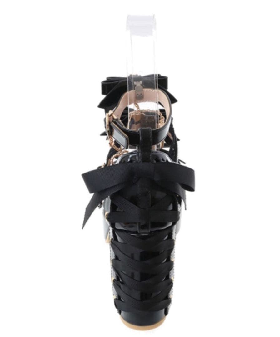 LIZLISA アンクレットストラップ3連リボンパンプス　ブラック　厚底