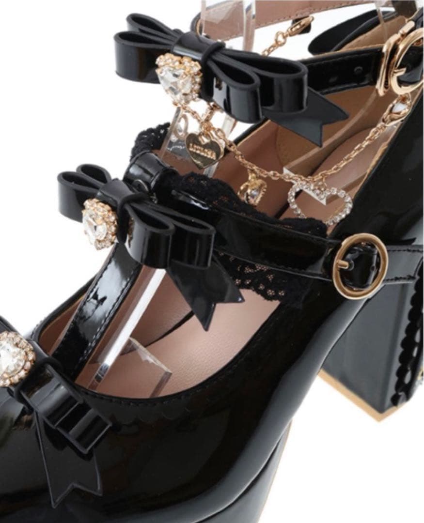 LIZLISA アンクレットストラップ3連リボンパンプス　ブラック　厚底