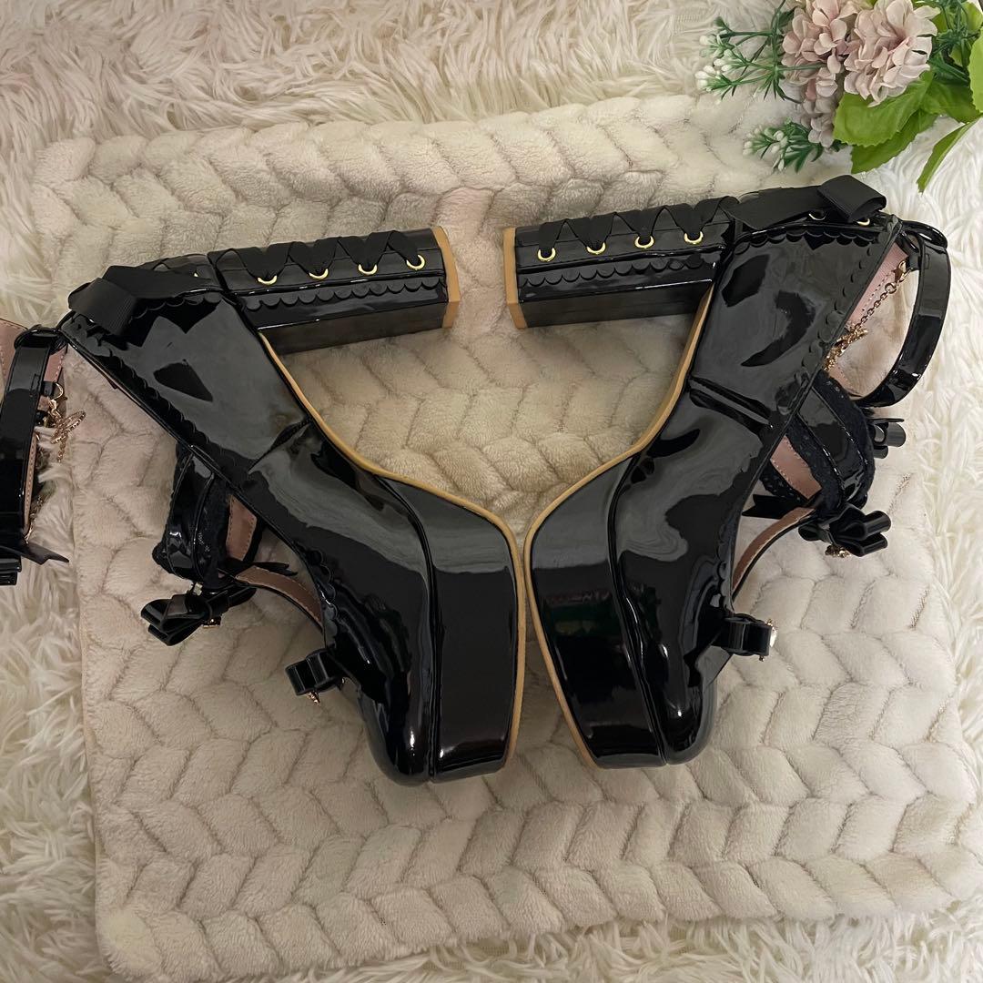 LIZLISA アンクレットストラップ3連リボンパンプス　ブラック　厚底