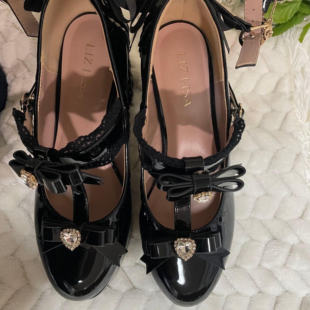 LIZLISA アンクレットストラップ3連リボンパンプス　ブラック　厚底