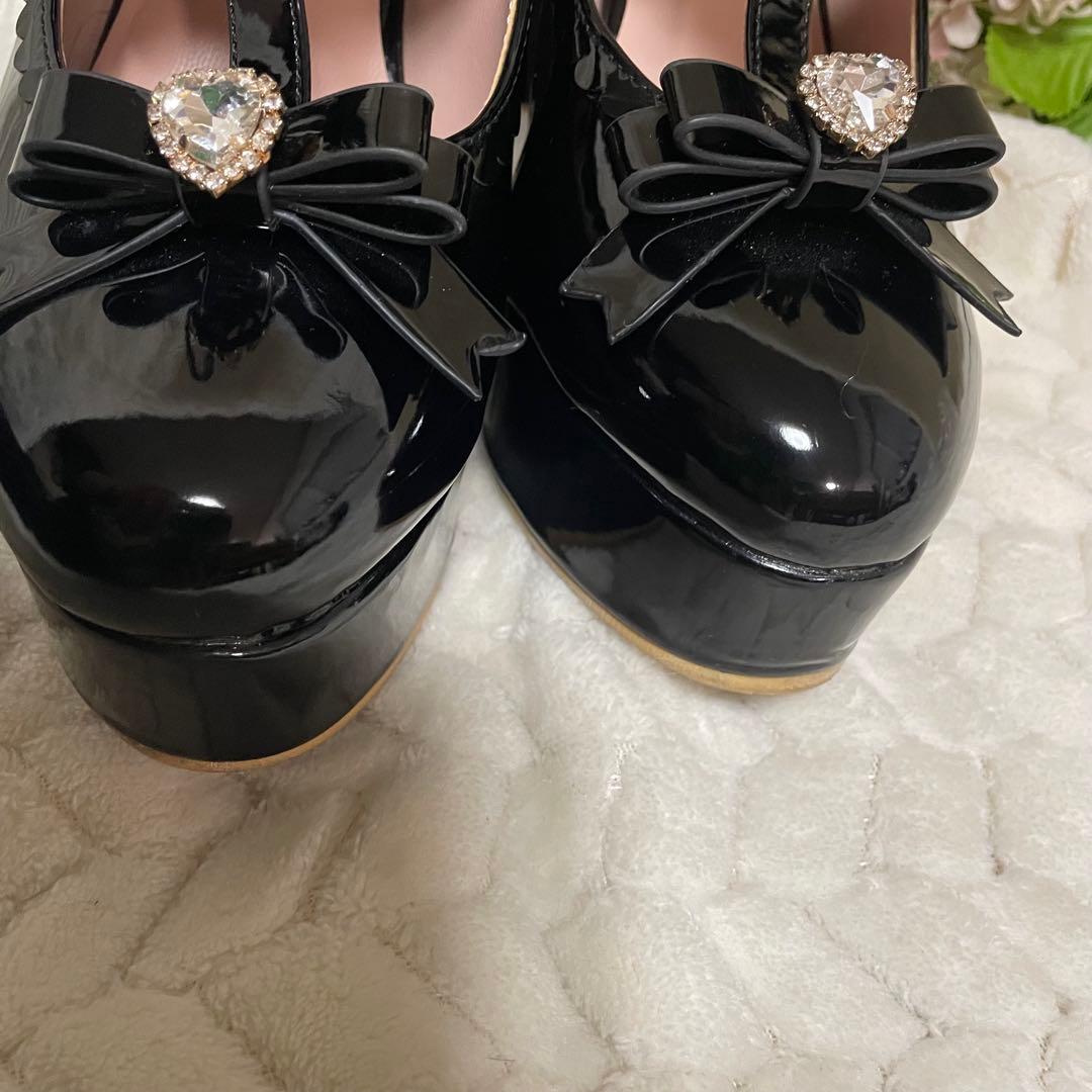 LIZLISA アンクレットストラップ3連リボンパンプス　ブラック　厚底