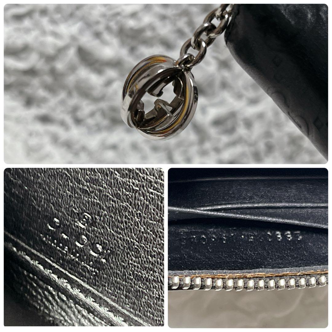 希少✨GUCCI ブラックレザー 長財布 GG ラウンドファスナー　シマ