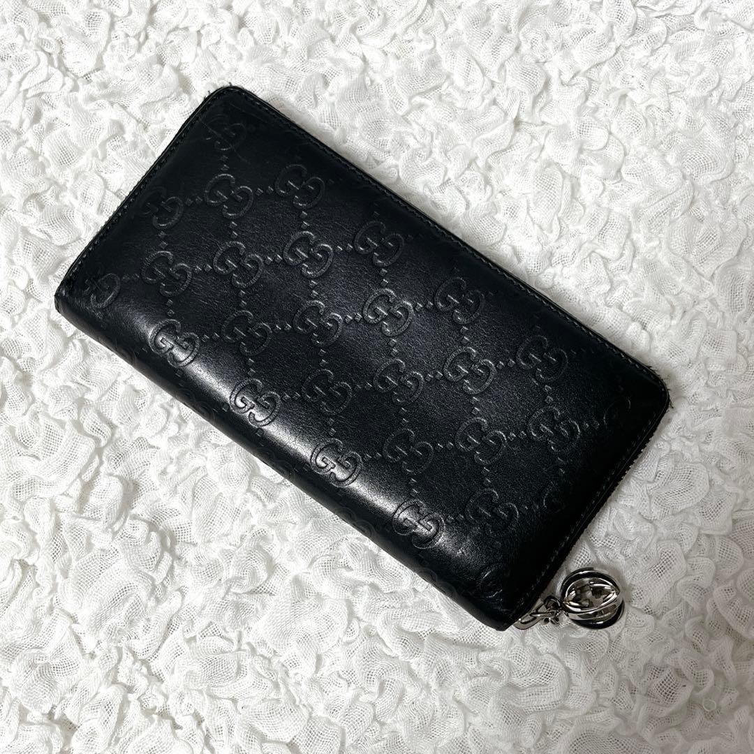 希少✨GUCCI ブラックレザー 長財布 GG ラウンドファスナー　シマ