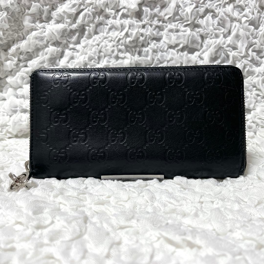 希少✨GUCCI ブラックレザー 長財布 GG ラウンドファスナー　シマ