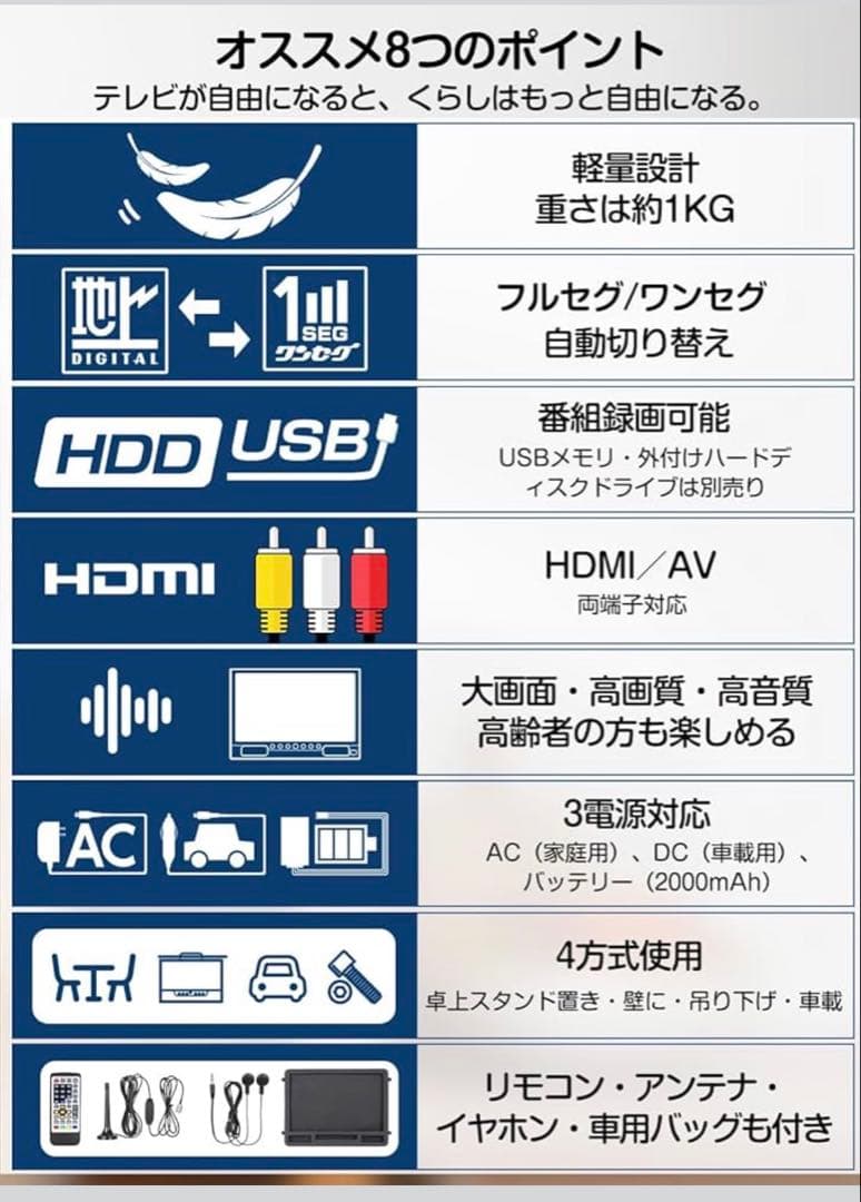 ポータブルテレビ⭐️録画機能 14インチ 液晶テレビ 小型 ワンセグ/フルセグ
