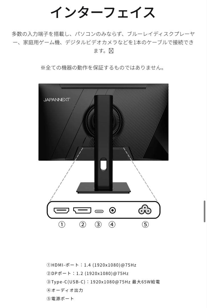 JAPANNEXT 23.8インチフルHDモニター USB-C65W給電可能