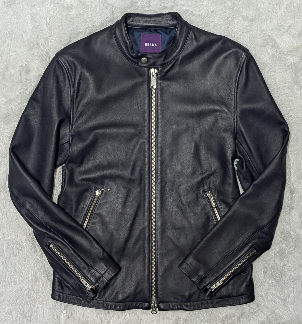 BEAMS シングルライダースジャケット Mサイズ ネイビー 本革