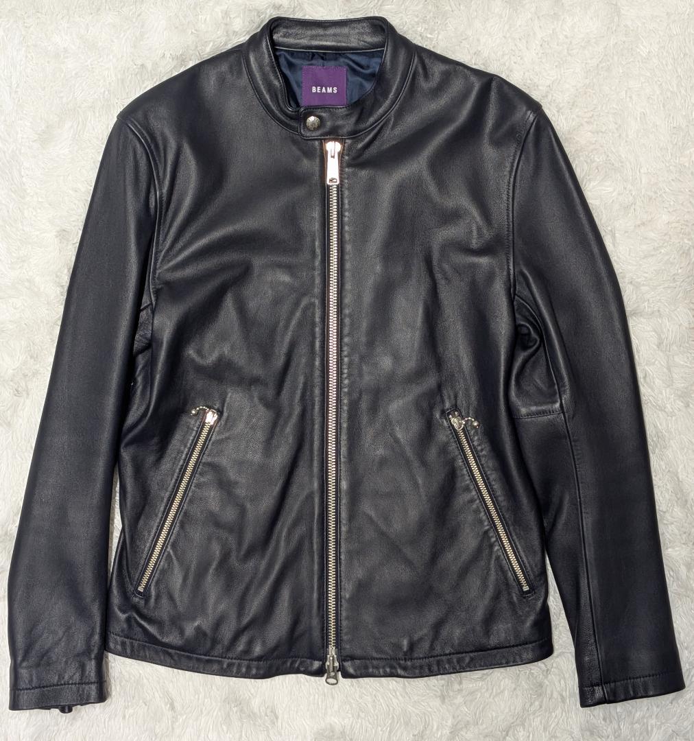 BEAMS シングルライダースジャケット Mサイズ ネイビー 本革