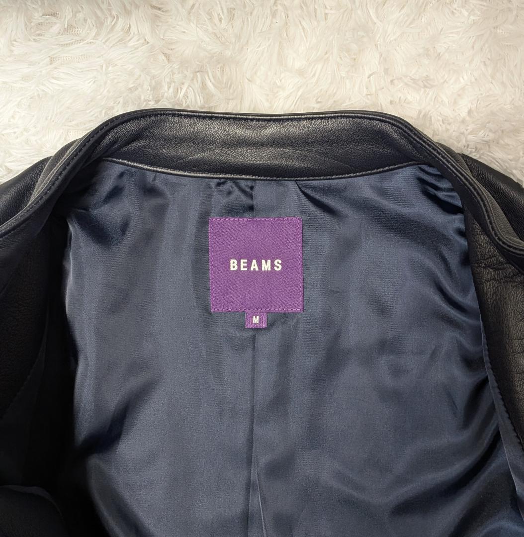 BEAMS シングルライダースジャケット Mサイズ ネイビー 本革