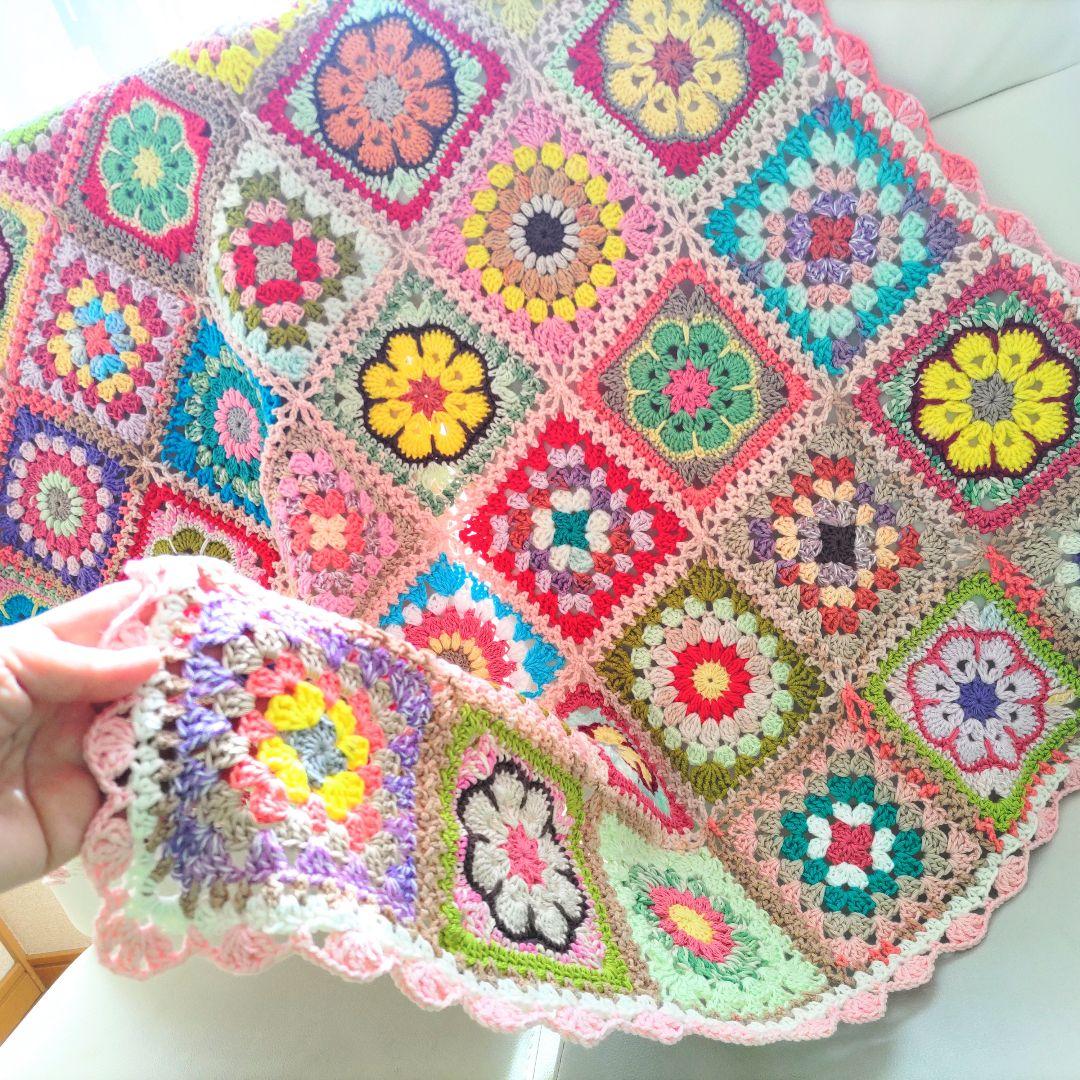 手編みブランケットmix★グラニースクエア★カラフル★フラワー★かぎ針編み