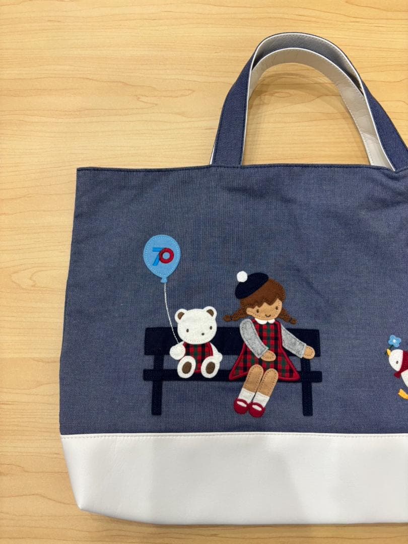 【美品】familiarファミリア70周年　マチ付き　デニムバッグ　神戸本店限定