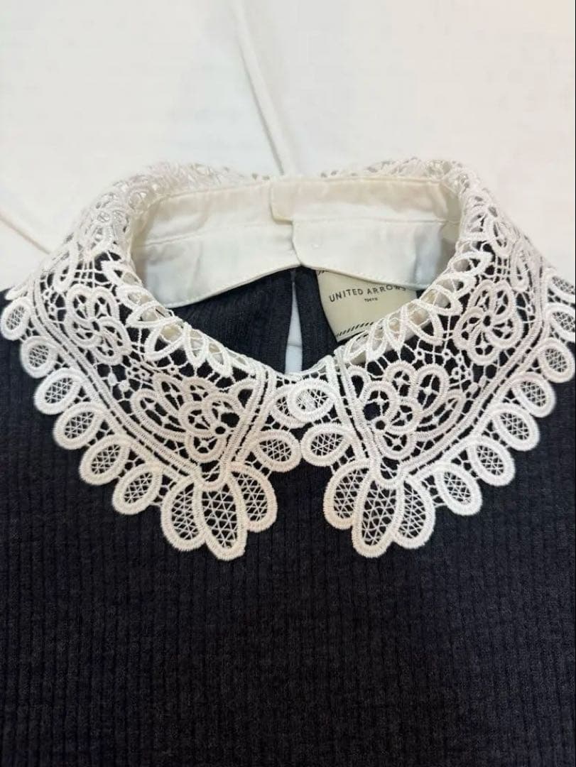 UNITED ARROWS レディ ロングスリーブ ニット 襟レース 取り外し可