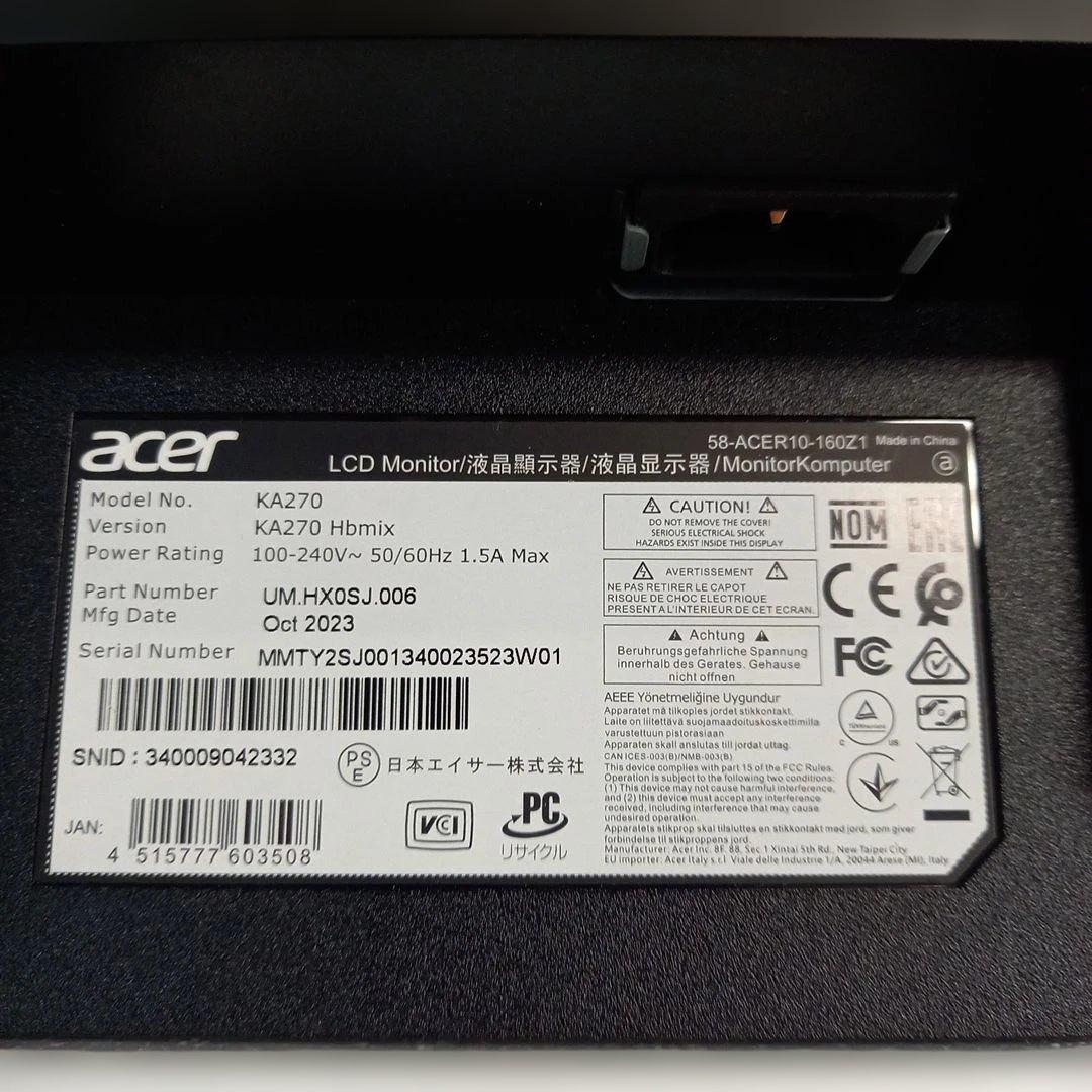 acer KA270 Hbmix ディスプレイ　PCモニター