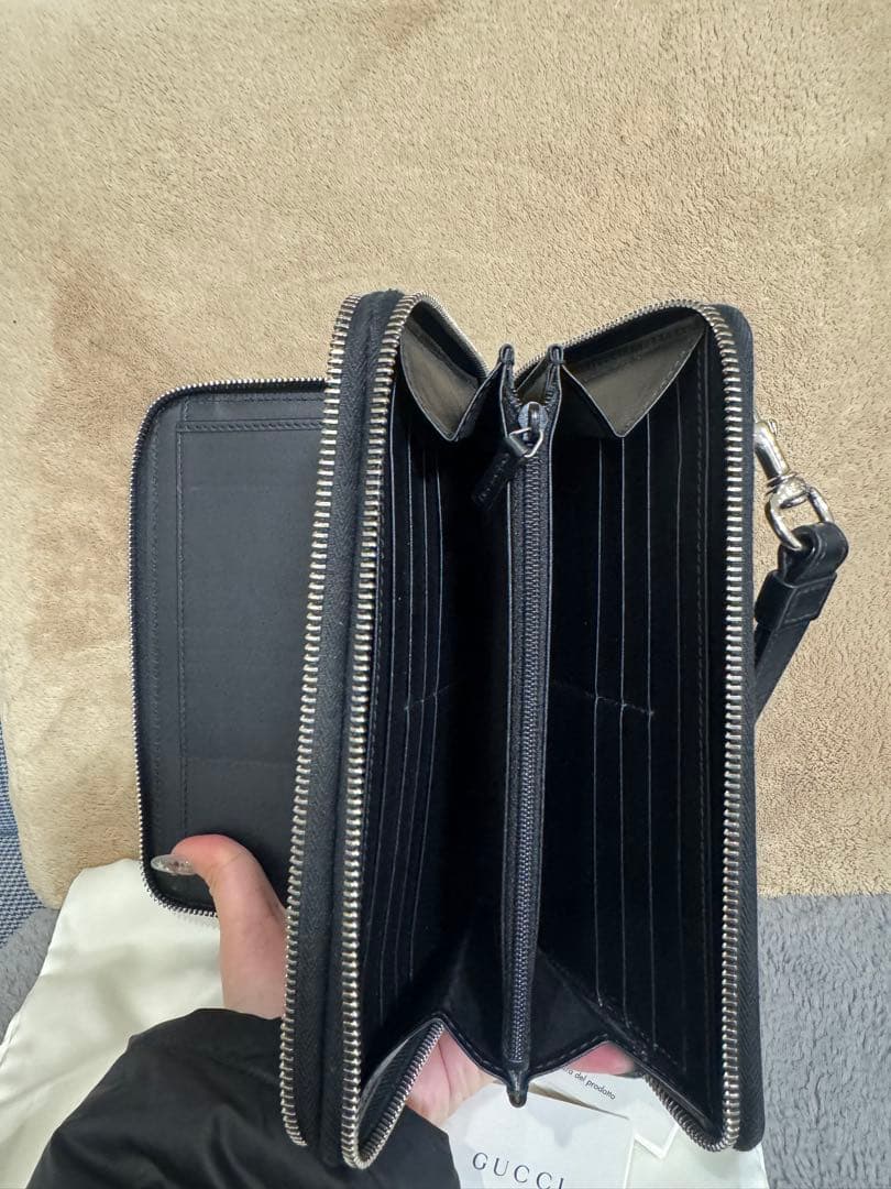 GUCCI ブラックレザー 長財布 GGパターン　トラベルポーチ　ダブルジップ
