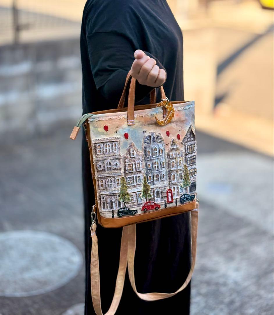 (手づくり)\"赤コントラスト ロンドンストリート\"リュックショルダーバッグ/刺繍
