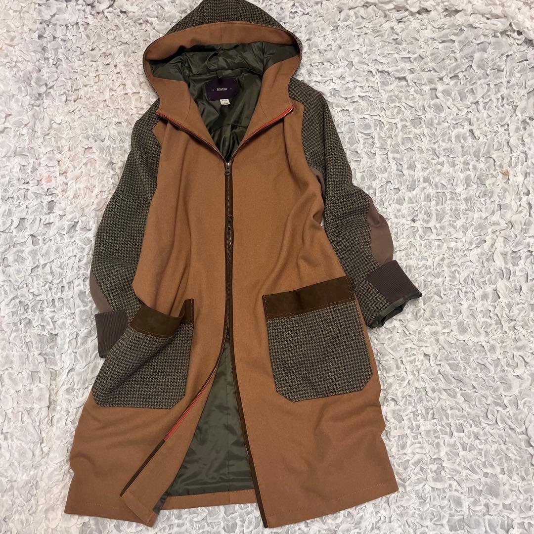 美品【ROSIER ロジエ】日本製 異素材MIX 切り替え コート フード 茶