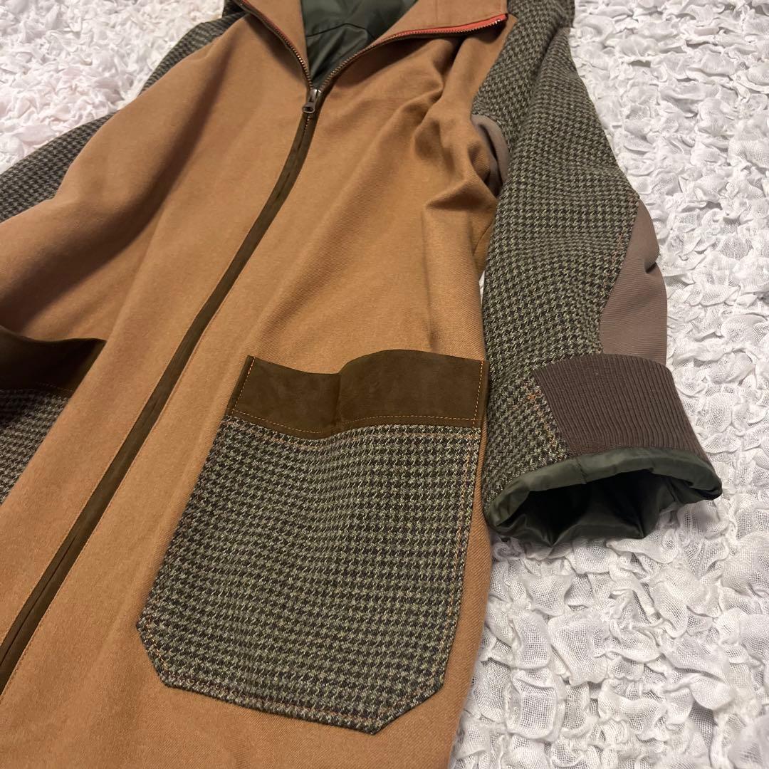 美品【ROSIER ロジエ】日本製 異素材MIX 切り替え コート フード 茶