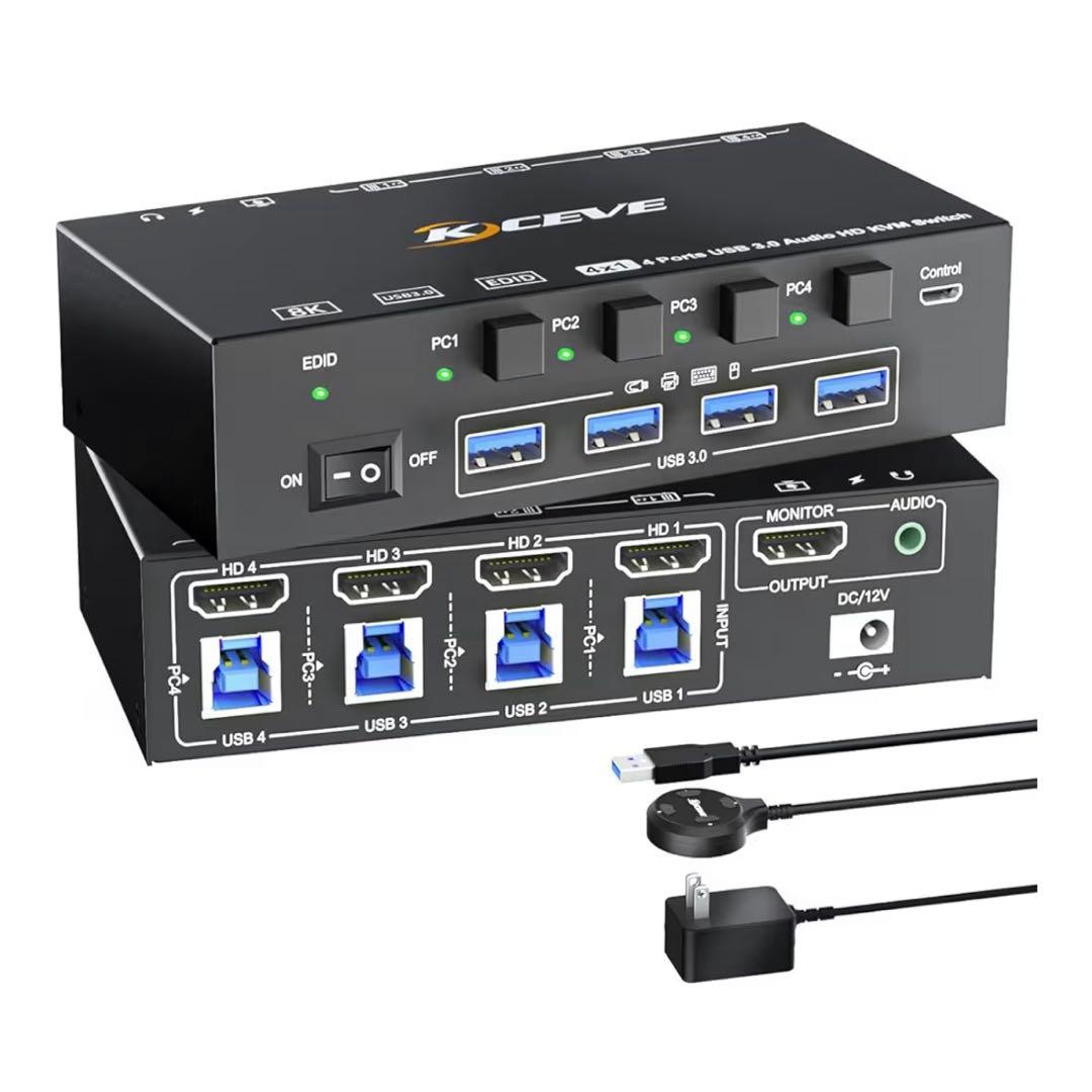 HDMI 2.1 KVMスイッチ P切替器4入力1出力 EDIDエミュレーション