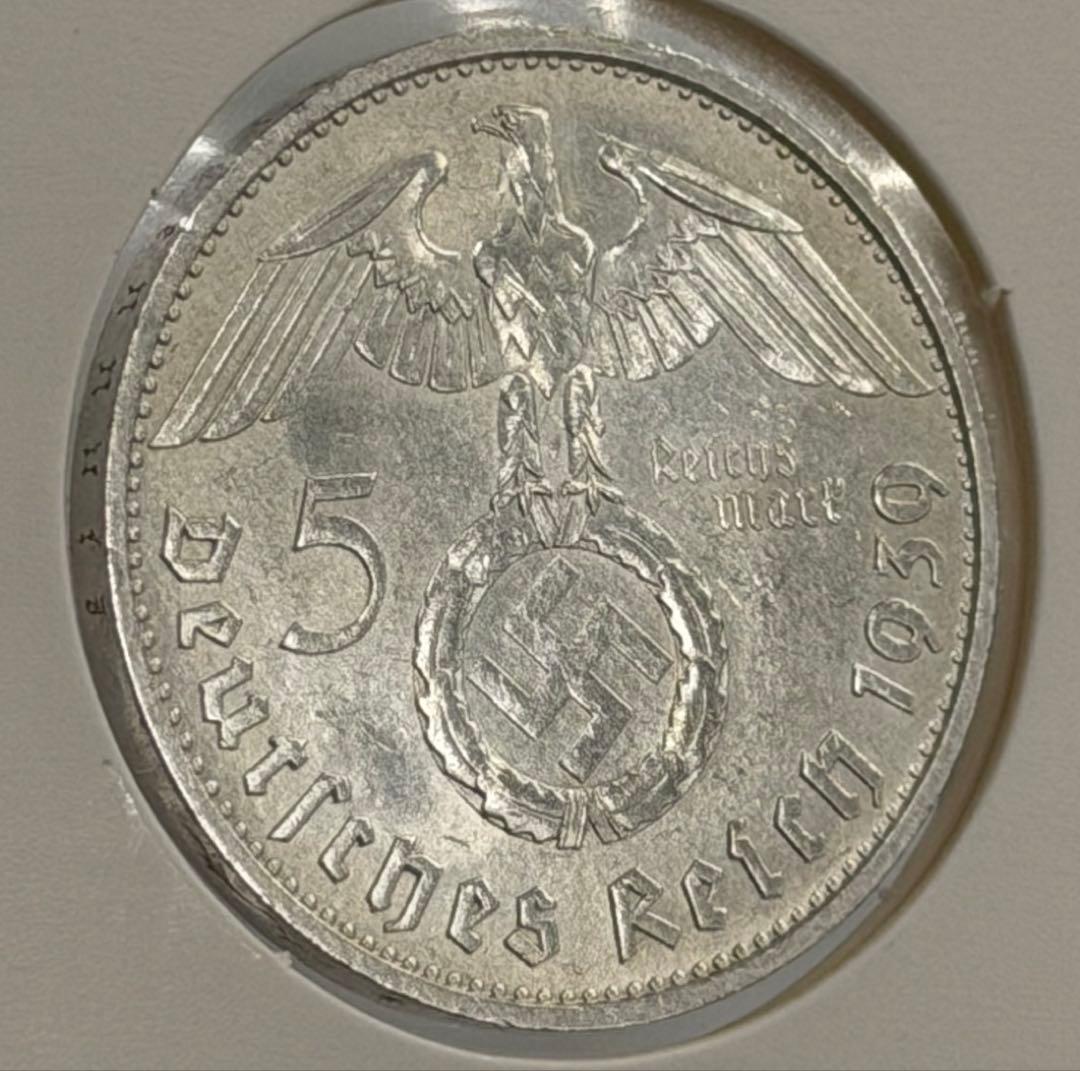 1939年ドイツポール・フォン・ヒンデンブルク5ライヒスマルク銀貨 ハイグレード